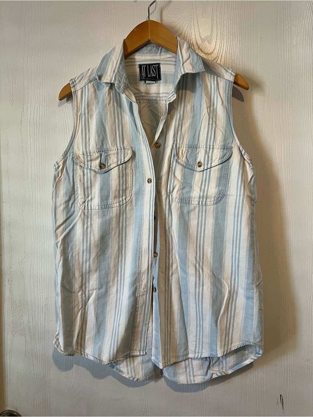 Vtg 90's y2k At Last Sleeveless Denim Shirt Striped Button Front Women Sz M